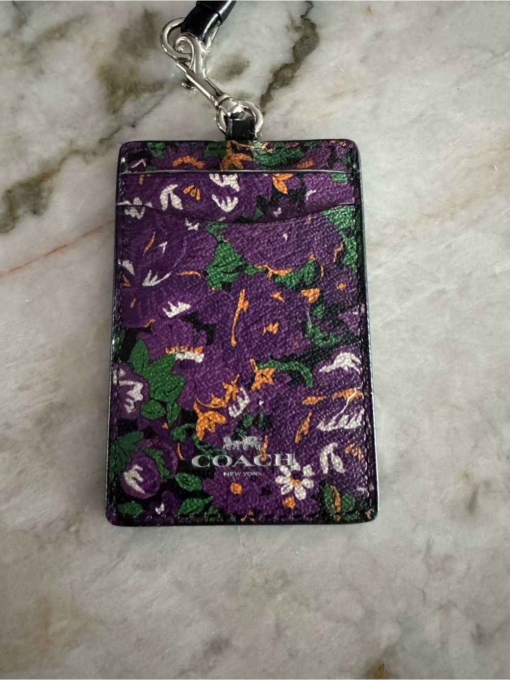 Coach Purple Floral Lanyard Card Holder with Green Accents